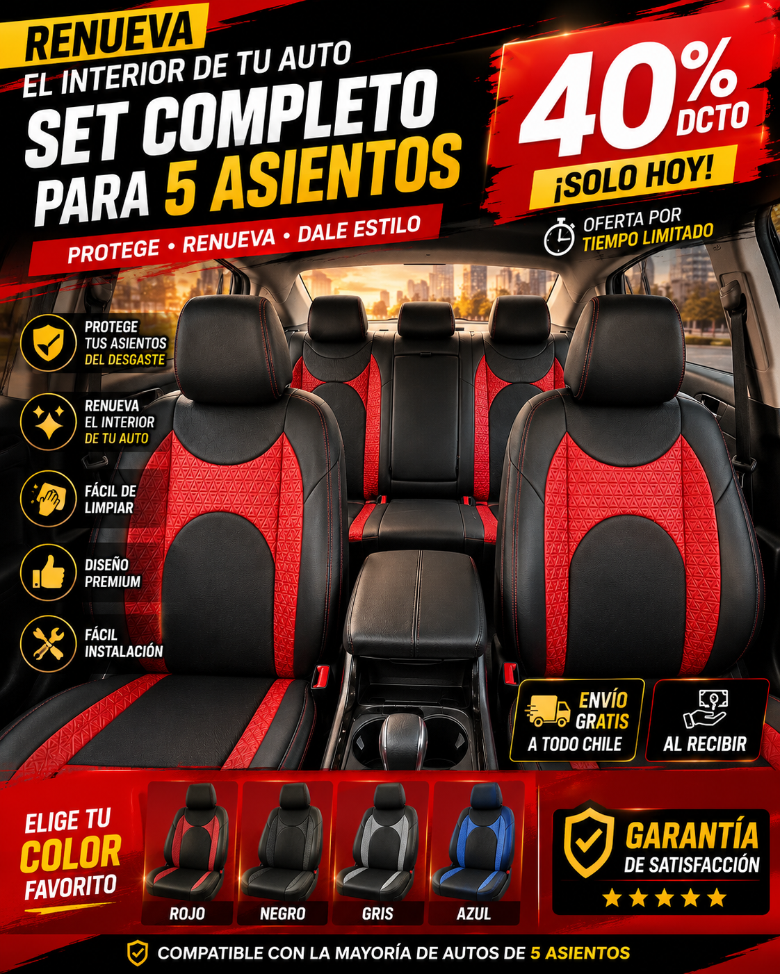 ⏰Oferta de Hoy 🔥 Set Completo de Fundas para 5 Asientos de Auto